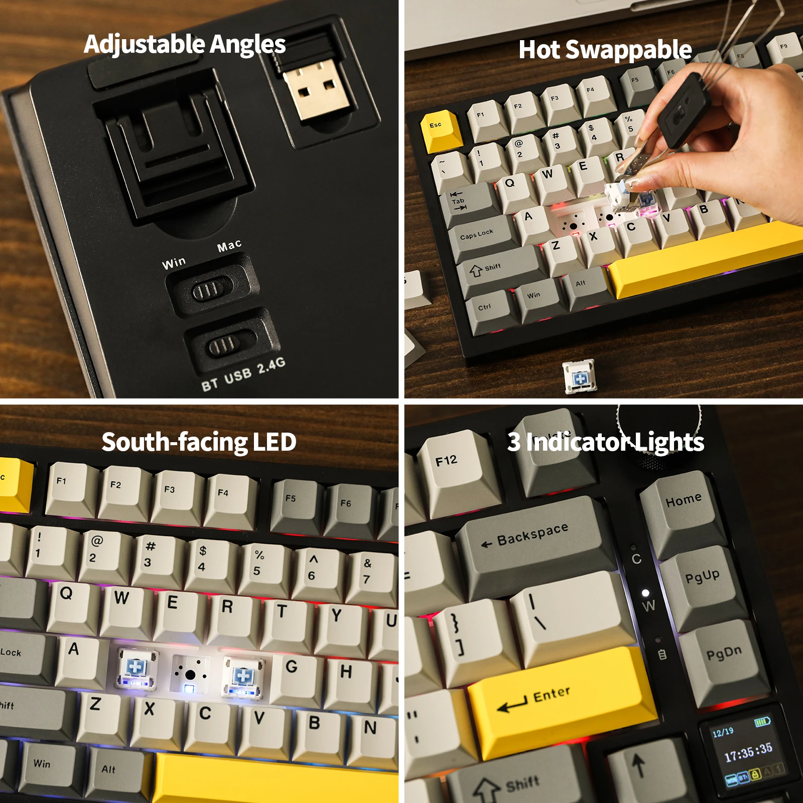 Ajazz 75% 개스킷 장착 블루투스 5.1, 2.4G 무선, C 타입 유선 기계식 키보드, Mac/Win용 TFT 스크린 포함, AK820 Pro