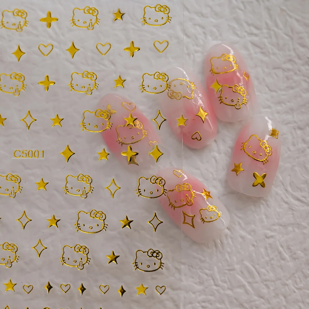1 시트 일본어 네일 스티커 HelloKitty 고양이 머리 심장 만화 귀여운 네일 데칼 접착 장식 뒤 접착제 매니큐어 스티커