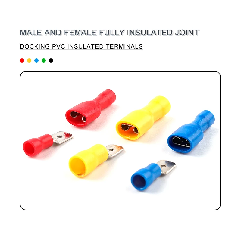 50PCS FDD/MDD 6.3mm 터미널 빨간색 파란색 노란색 여성 남성 스페이드 절연 전기 압착 단자 커넥터 배선 케이블 플러그