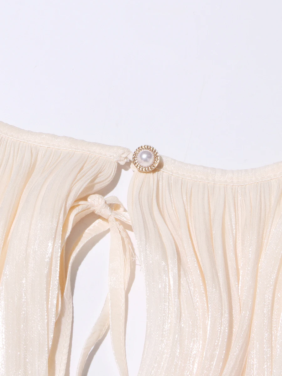 TWOTWINSTYLE 여성을위한 우아한 셔링 미니 드레스 라운드 넥 랜턴 긴 소매 높은 허리 기질 드레스 여성 패션