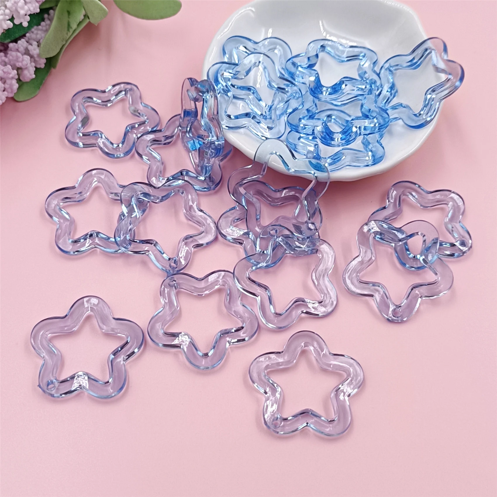 10Pcs 30mm 아크릴 투명 할로우 스타 루즈 비즈 DIY 쥬얼리 펜던트 키 체인 Windbell 수제 패션 액세서리