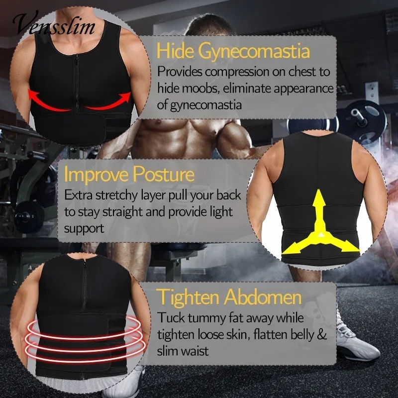 Vensslim 남성 바디 셰이퍼 허리 트레이너 조끼 슬리밍 셔츠 사우나 땀 압축 언더 셔츠 Shapewear Fat Burner Workout Tops