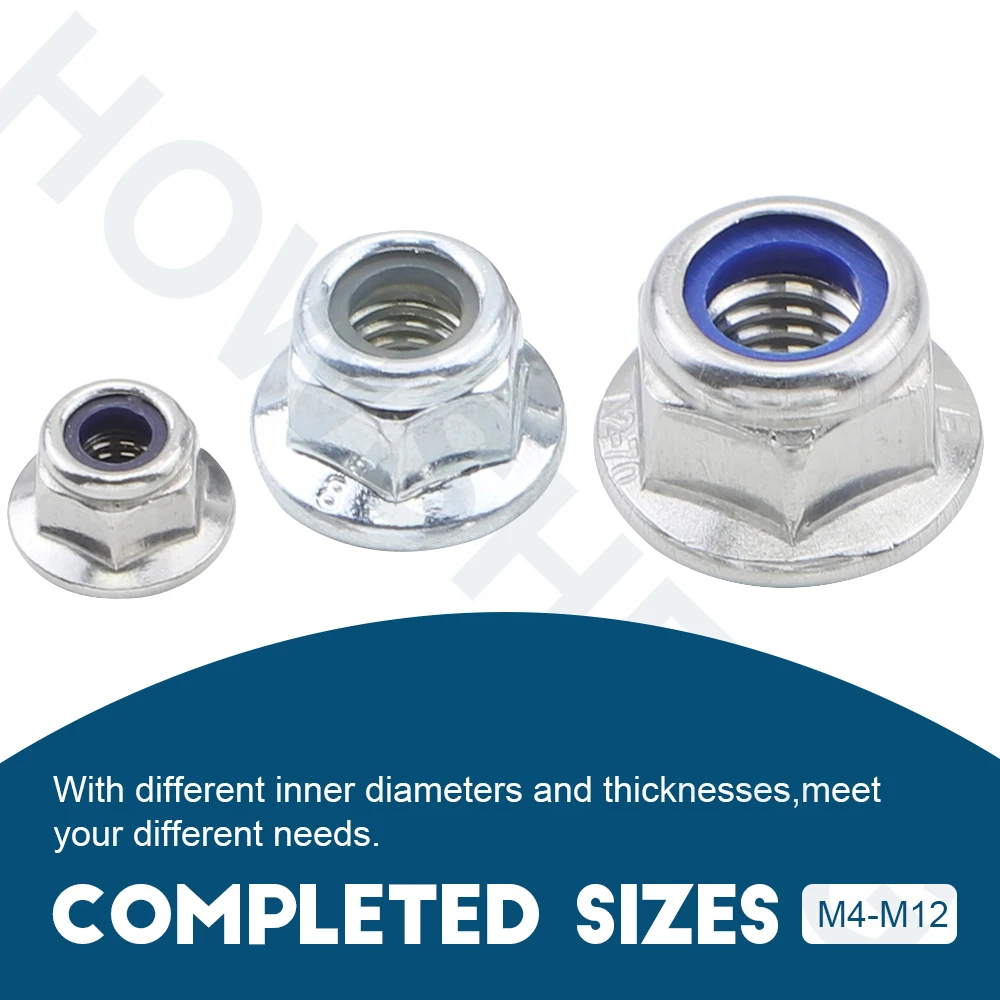 HOWSHENG 2-40pcs 육각 플랜지 나일론 인서트 잠금 너트 M4 M5 M6 M8 M10 M12 스테인레스 스틸 육각형 플랜지 잠금 너트