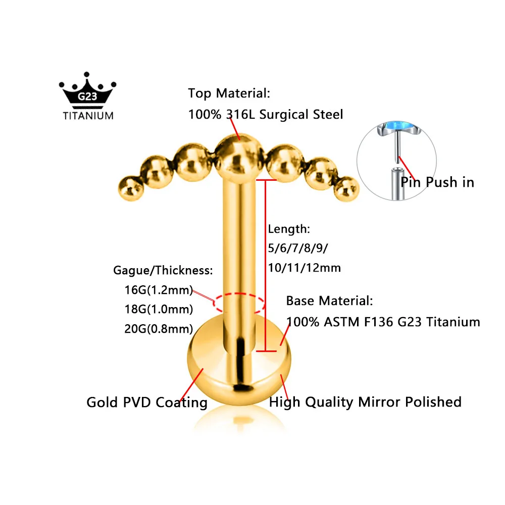 ASTM F136 G23 티타늄 스네이크 비 드롭 스레드리스 피어싱 문 크로스 푸시 인 라브레트 스터드 플라워 리프 핀 Daith Conch 귀걸이 16G