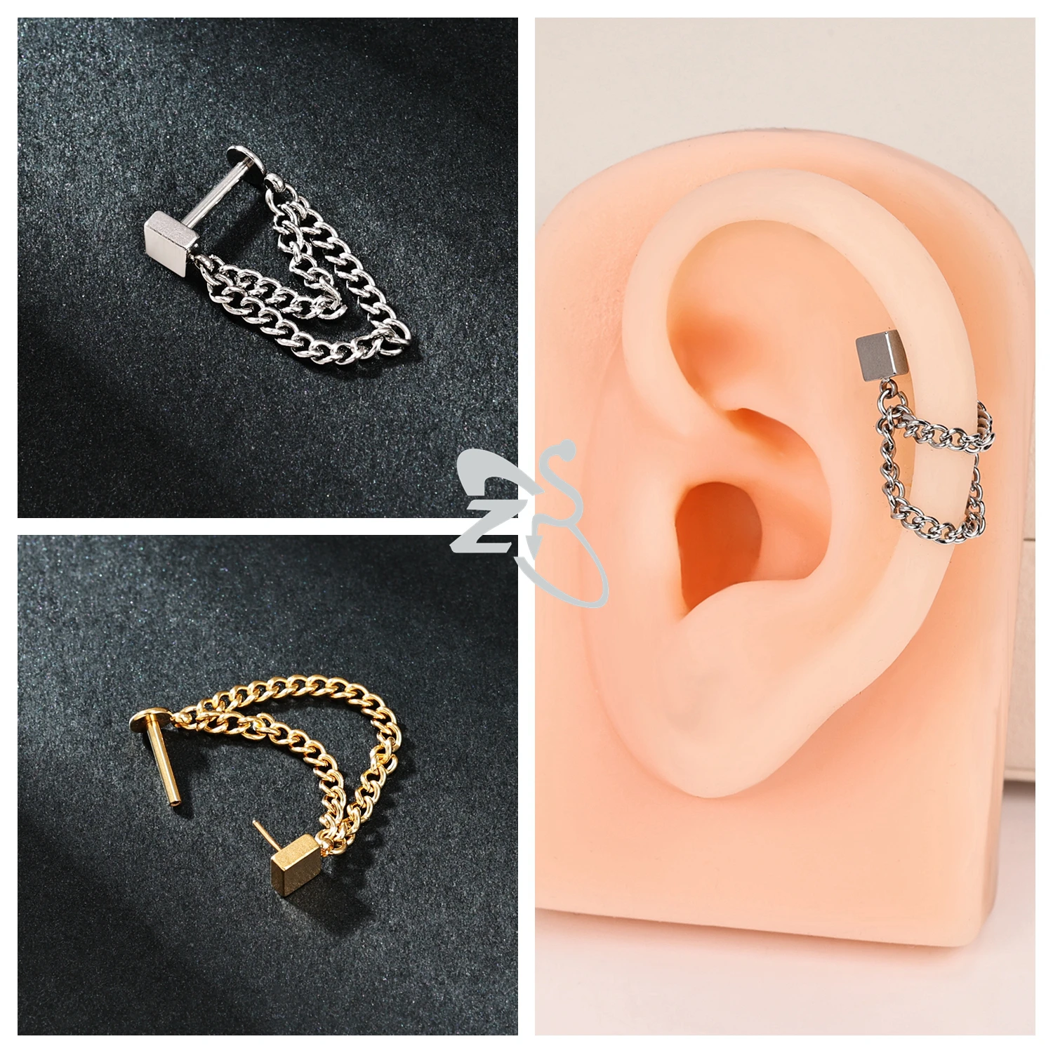 ZS 1 PC 16G 스테인레스 스틸 스터드 귀걸이 여성용 술 드롭 귀 스터드 CZ 크리스탈 연골 헬릭스 로브 피어싱 쥬얼리