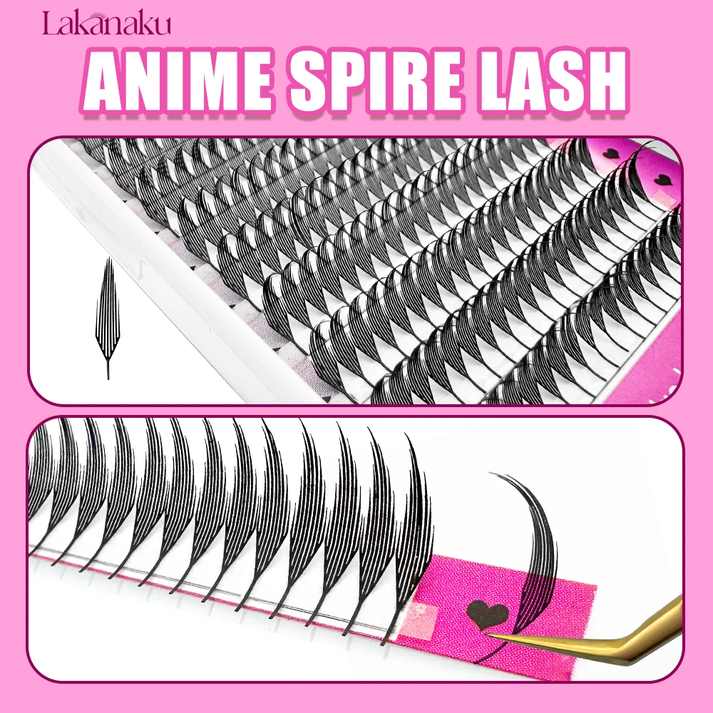 LAKANAKU 만화 애니메이션 첨탑 속눈썹 확장 깃털 모양 0.07mm C/D/CC 컬 믹스 8-15mm 9-13mm 캐시미어 미리 만들어진 팬 속눈썹