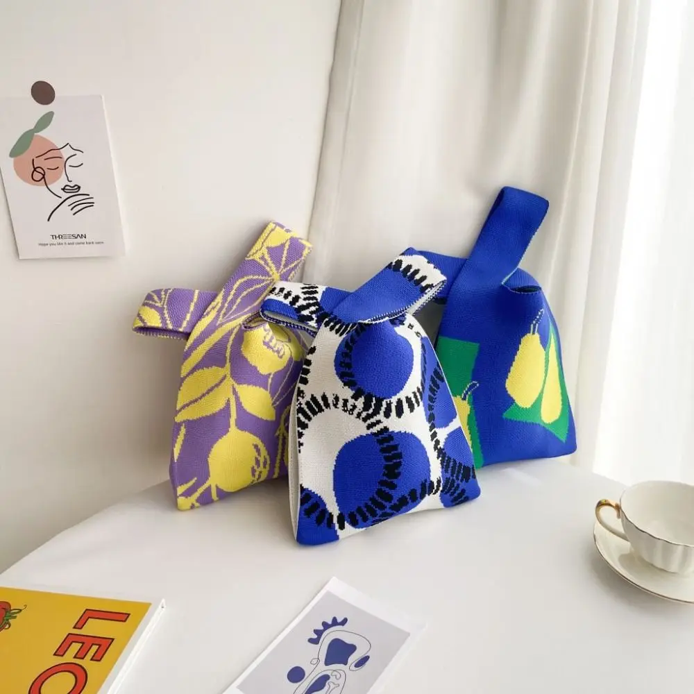 고양이 니트 핸드백 패션 니트 수제 쇼핑백, 대용량 매듭 손목 가방