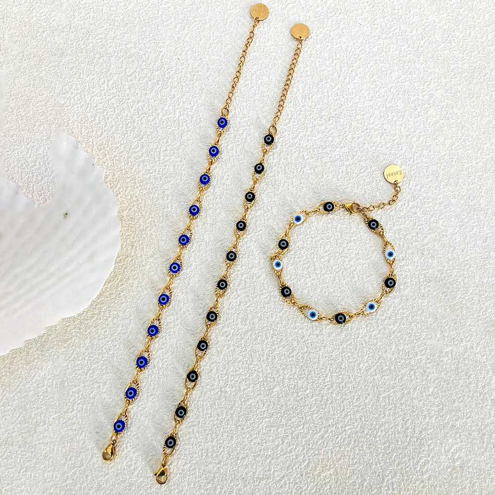 May@RZ 터키 악마의 눈 패션 스테인레스 스틸 팔찌 남성과 여성을위한 14K 골드 도금 품위있는 보석 데일리웨어 팔찌