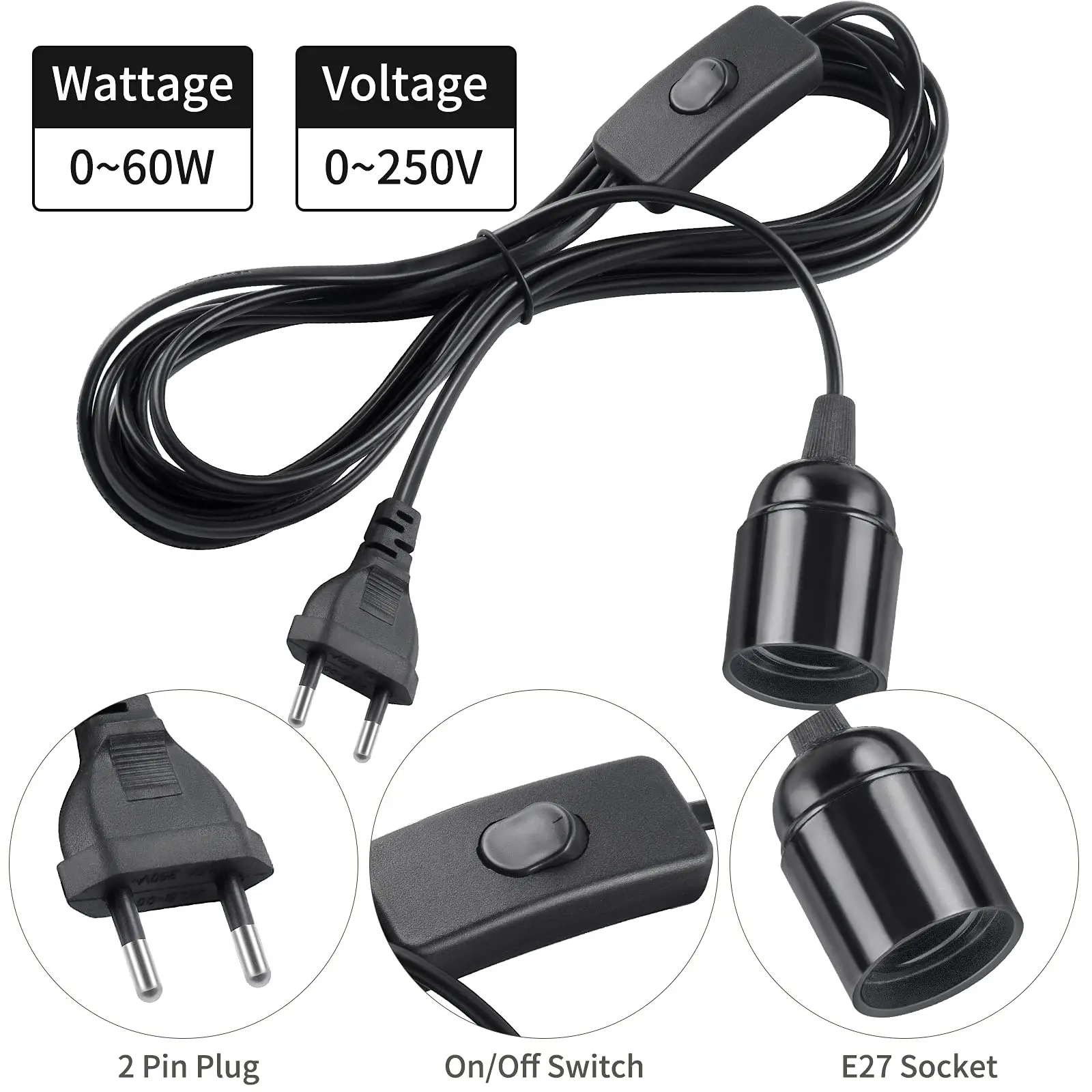 EU 플러그 3.5m 6m 전원 코드 케이블 펜던트 Led 전구 고정 장치 행글 램프 서스펜션 소켓 용 스위치 와이어가있는 E27 램프베이스 홀더