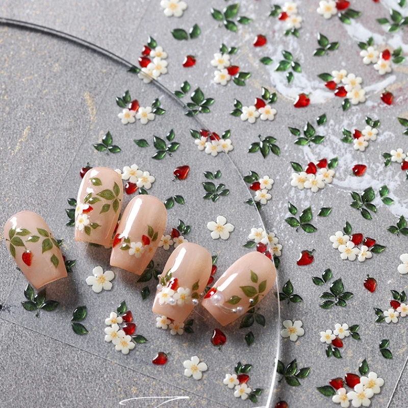 섬세하고 세련된 흰색 꽃 젤리 녹색 잎 붉은 과일 백합 치자 나무 자기 접착제 네일 아트 스티커 라인 석 매니큐어 데칼