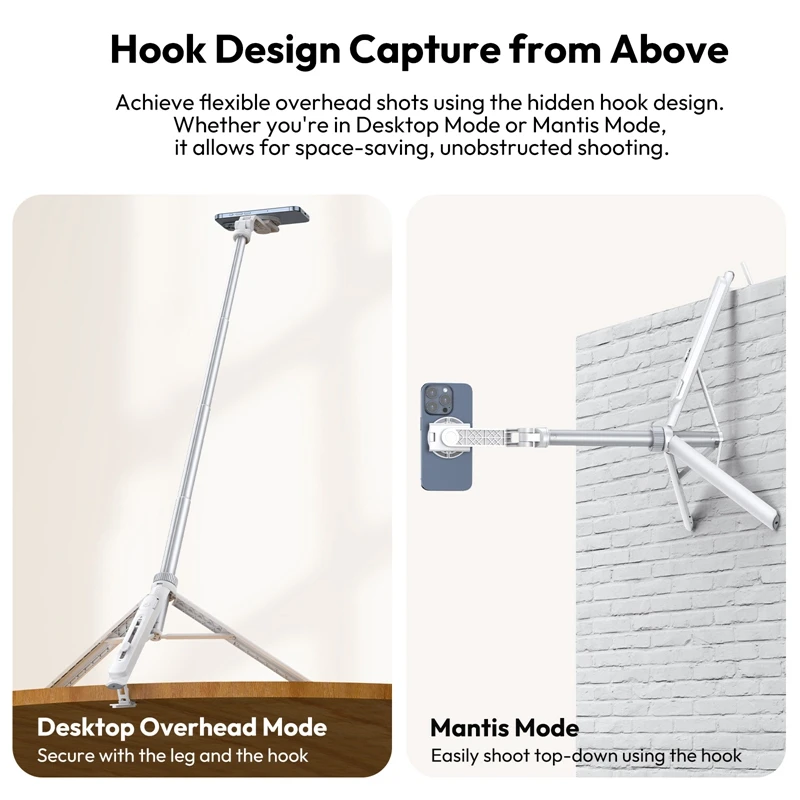 Ulanzi TT88 1.44M 오버헤드 셀카봉 Vlog 삼각대(전화용 자기 클램프) 라이브 스트리밍용 무선 원격 확장 삼각대