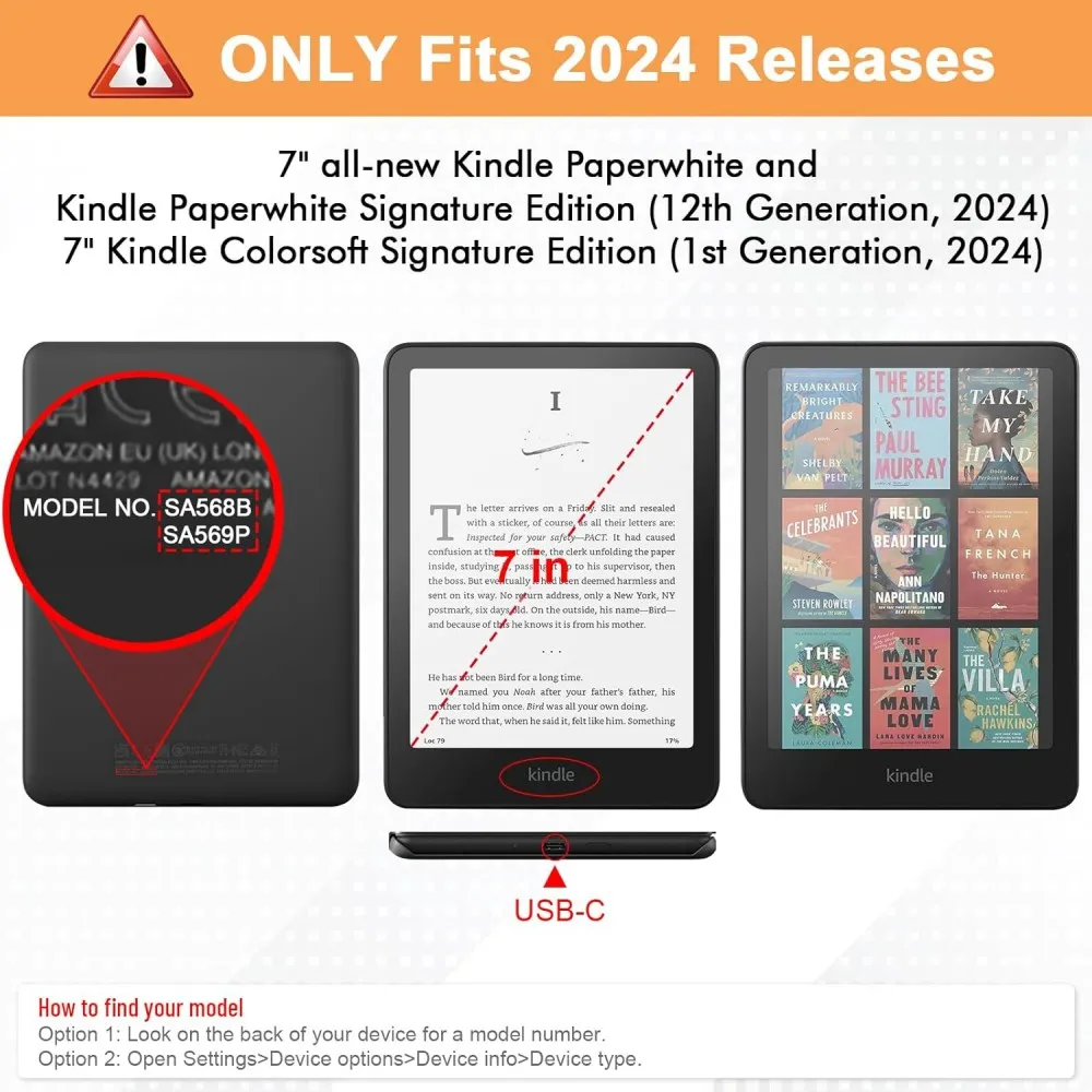 Kindle Paperwhite 2024 케이스, 12 세대 및 Colorsoft 7 인치 모델 번호 SA569P SA568B 자기 보호 쉘 파우치 7 인치