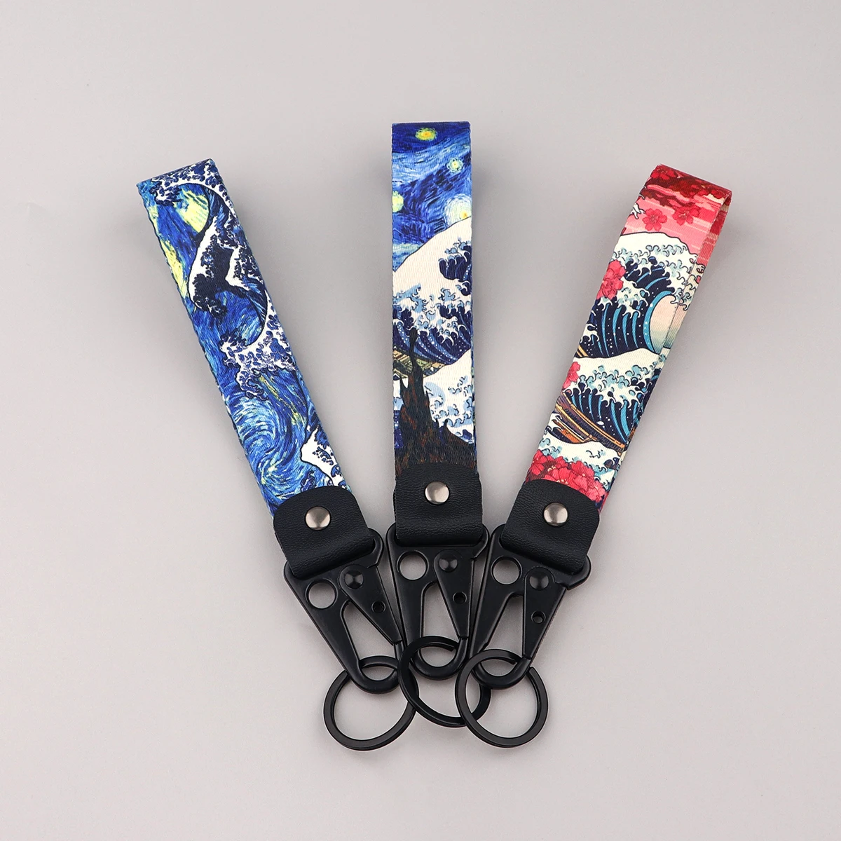 여성을위한 반 고흐 키 체인 남성 별이 빛나는 하늘 짧은 손목 스트랩 일본 파도 자동차 열쇠 고리 배낭 펜던트 쥬얼리 휴일 선물