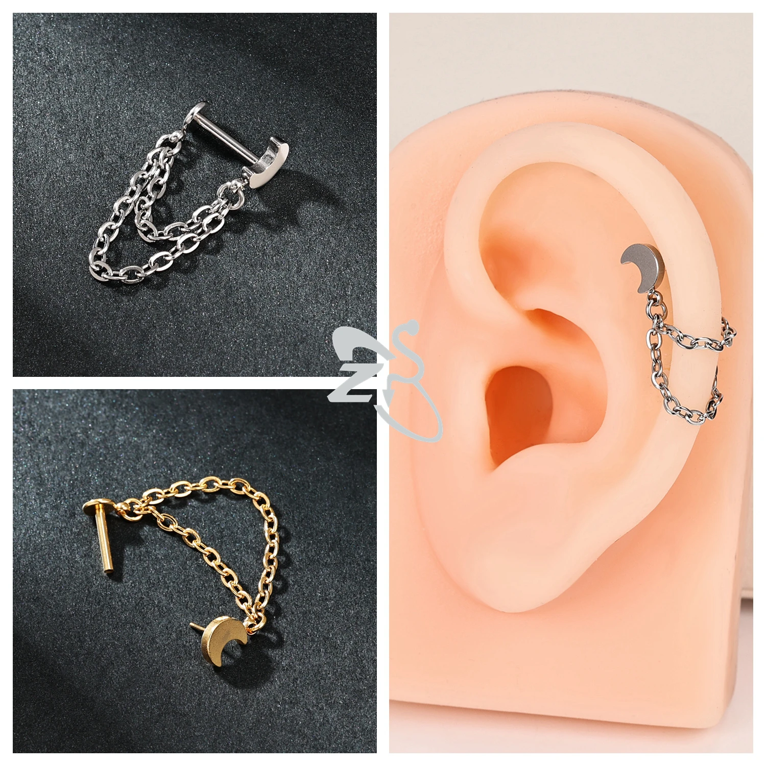 ZS 1 PC 16G 스테인레스 스틸 스터드 귀걸이 여성용 술 드롭 귀 스터드 CZ 크리스탈 연골 헬릭스 로브 피어싱 쥬얼리