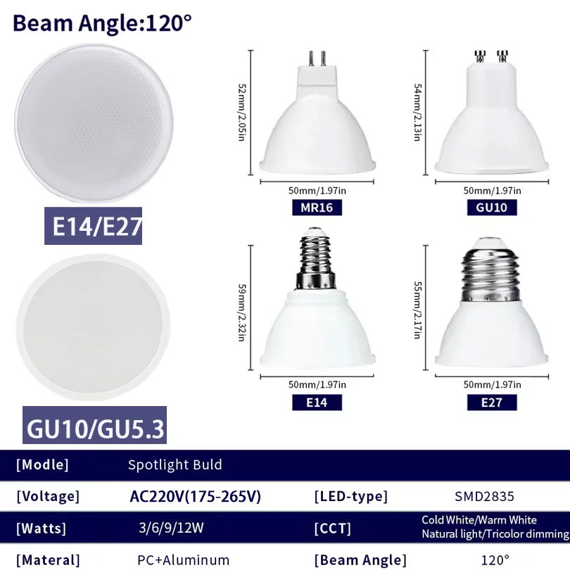 1/4/6/10pcs LED 스포트라이트 GU10 GU5.3 MR16 E27 E14 220V 높은 루멘 3000K/4000K/6000K gu10 led 램프 홈 장식 교체
