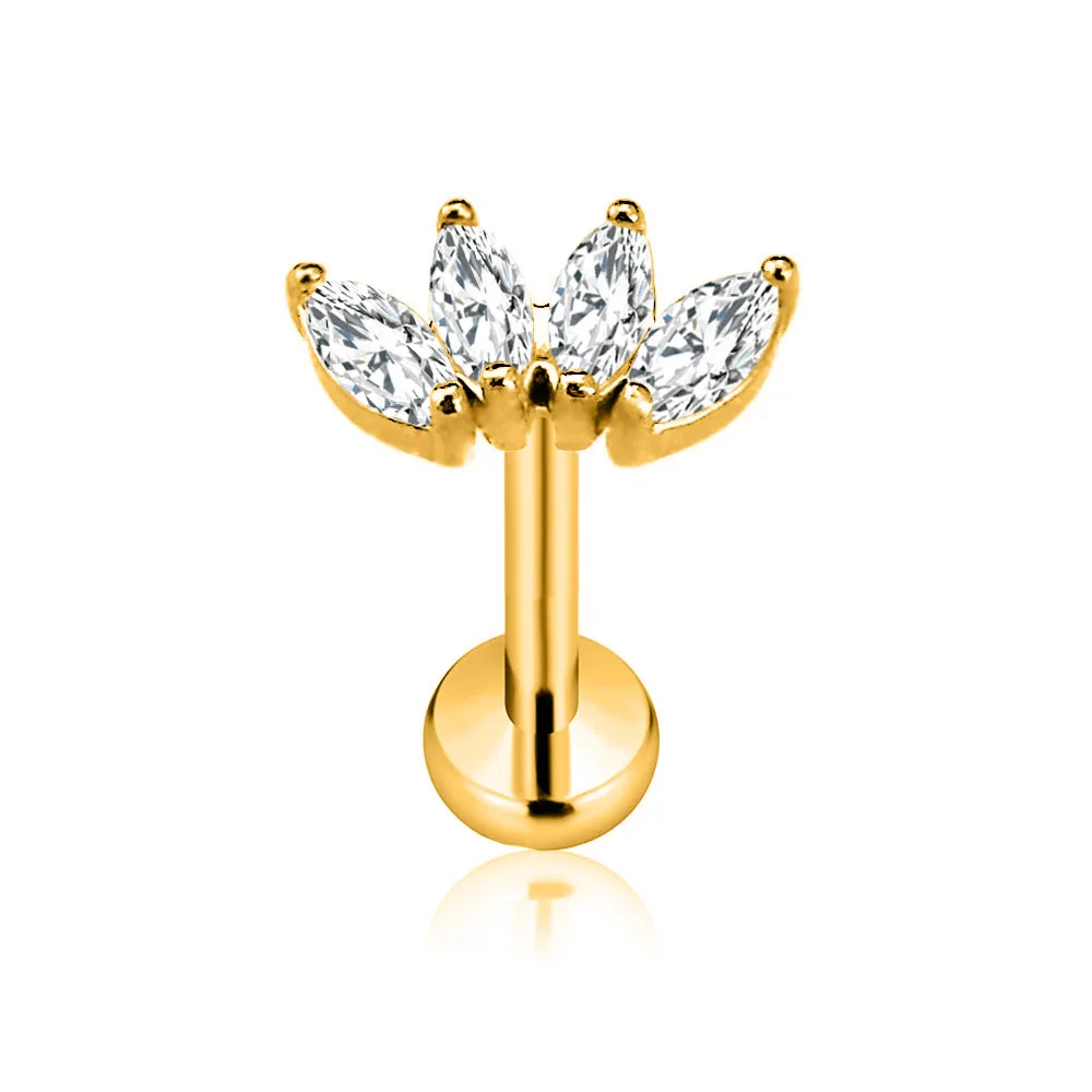 ASTM F136 G23 티타늄 플라워 문 나비 나사없는 피어싱 라이트닝 핀 푸시 인 립 스터드 Daith Conch 귀걸이 16G 18G 20G