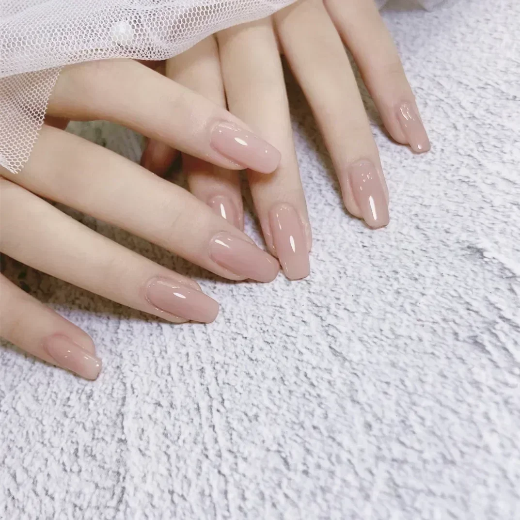 24pcs / 박스 로즈 롱 발레 가짜 네일 아트 접착제 젤리 핑크 웨어러블 가짜 네일 스퀘어 헤드 풀 커버 프레스 온 네일 팁