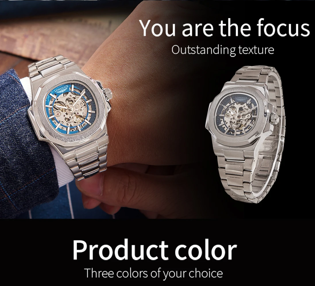 LONGLUX 남자 자동 기계식 시계 럭셔리 시계 방수 해골 비즈니스 저렴한 도매 스테인레스 스틸 선물 시계