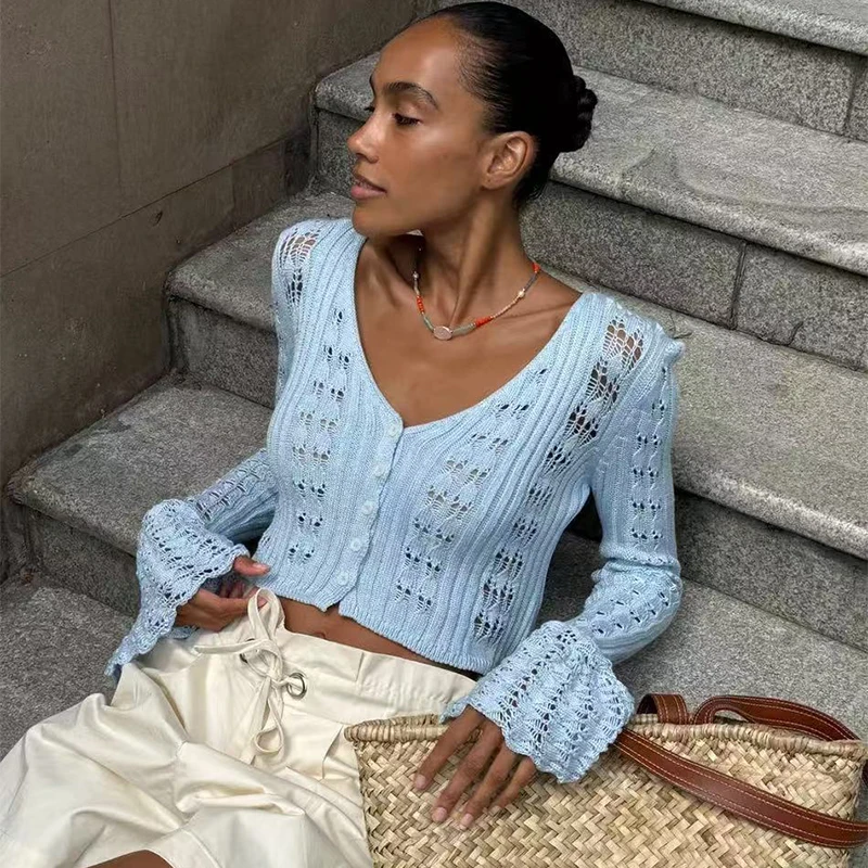 Trendix 여름 니트 긴 소매 카디건 여성용 V 넥 솔리드 Bodycon Hollow Out Short Tops 파티 클럽 Slim Vacation Top Femme