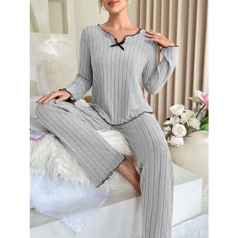 여성 가을 겨울 잠옷 늑골이있는 잠옷 세트 긴 소매 탑과 긴 바지 2 조각 세트 캐주얼 Homewear Loungewear