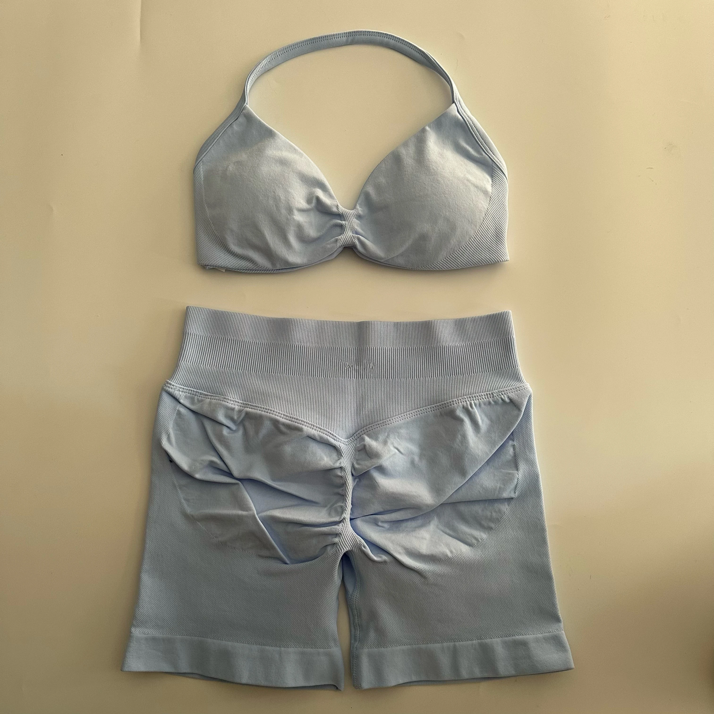 노로고 요가 짐 세트 여성 심리스 스트랩 요가 브라탑 하이웨이스트 운동 스크런치 반바지 스포츠 세트 피트니스 의류 스포츠웨어