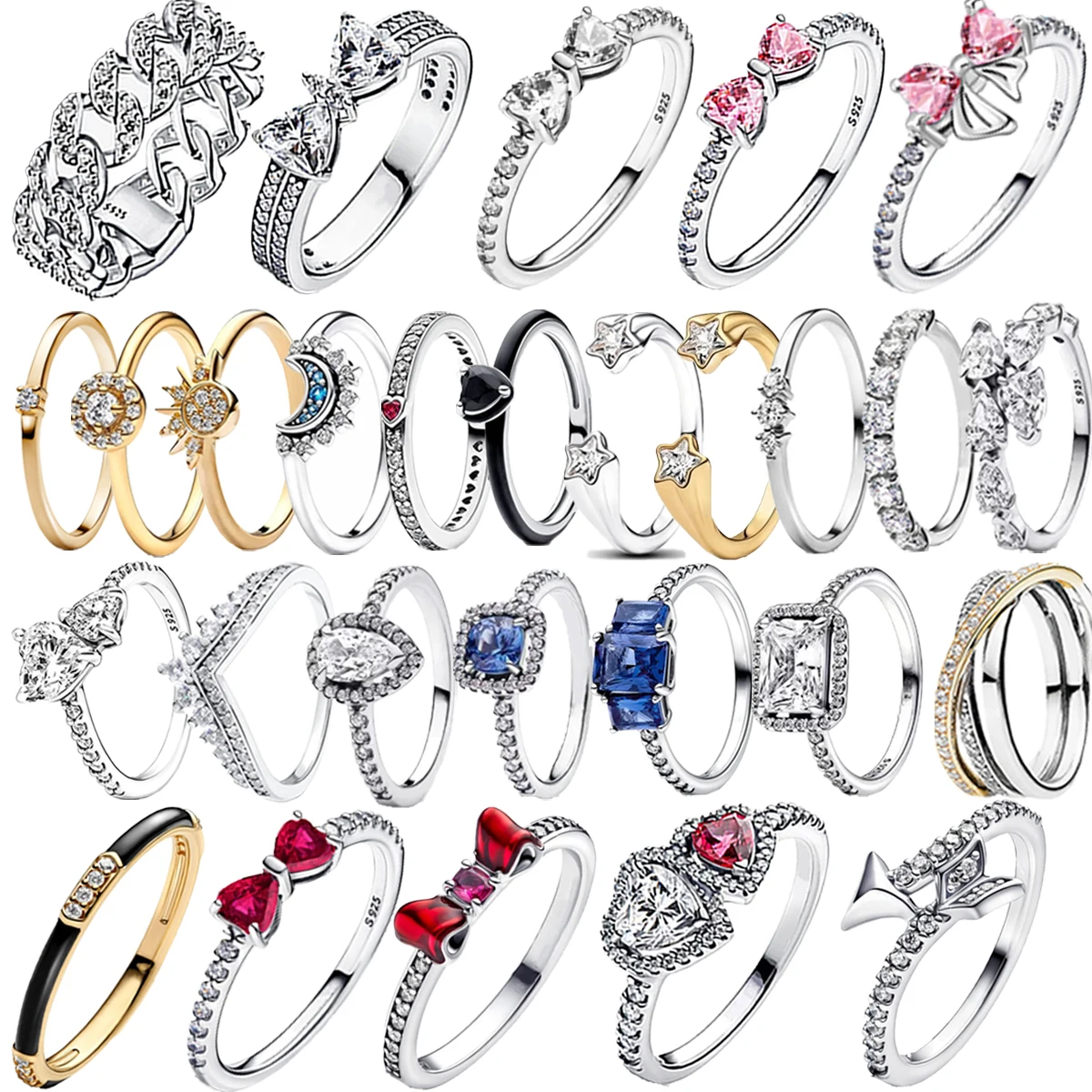 원래 925 스털링 실버 레드 핑크 반지 하트 보우 썬 문 여성을위한 화려한 크리스탈 발렌타인 생일 선물 DIY 쥬얼리