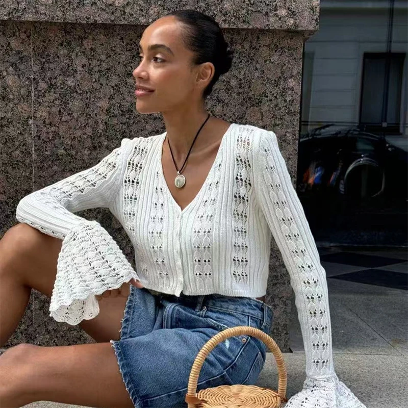 Trendix 여름 니트 긴 소매 카디건 여성용 V 넥 솔리드 Bodycon Hollow Out Short Tops 파티 클럽 Slim Vacation Top Femme