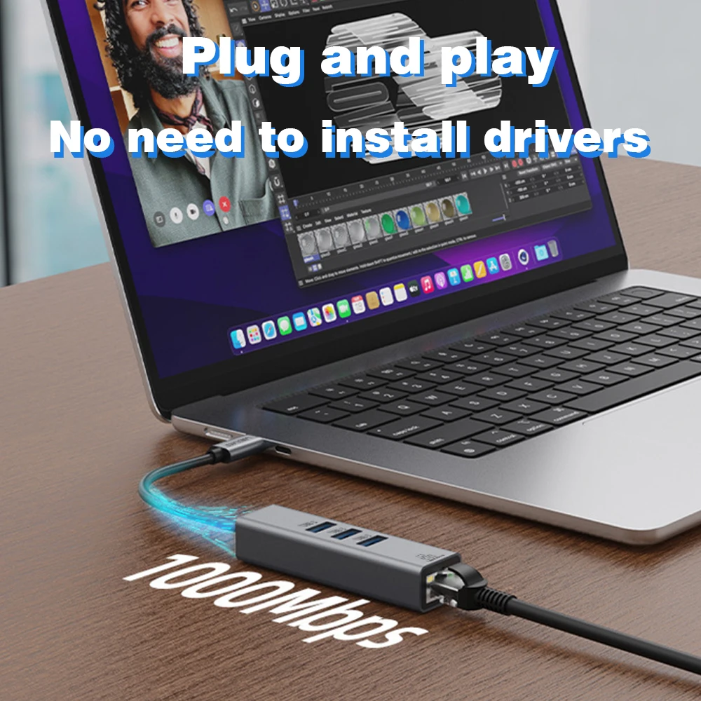 USB C 허브 도킹 스테이션 유형 C-RJ45 1000Mbps 이더넷 어댑터 USB3.0 허브 기가비트 네트워크 카드 100W 충전 도크 확장