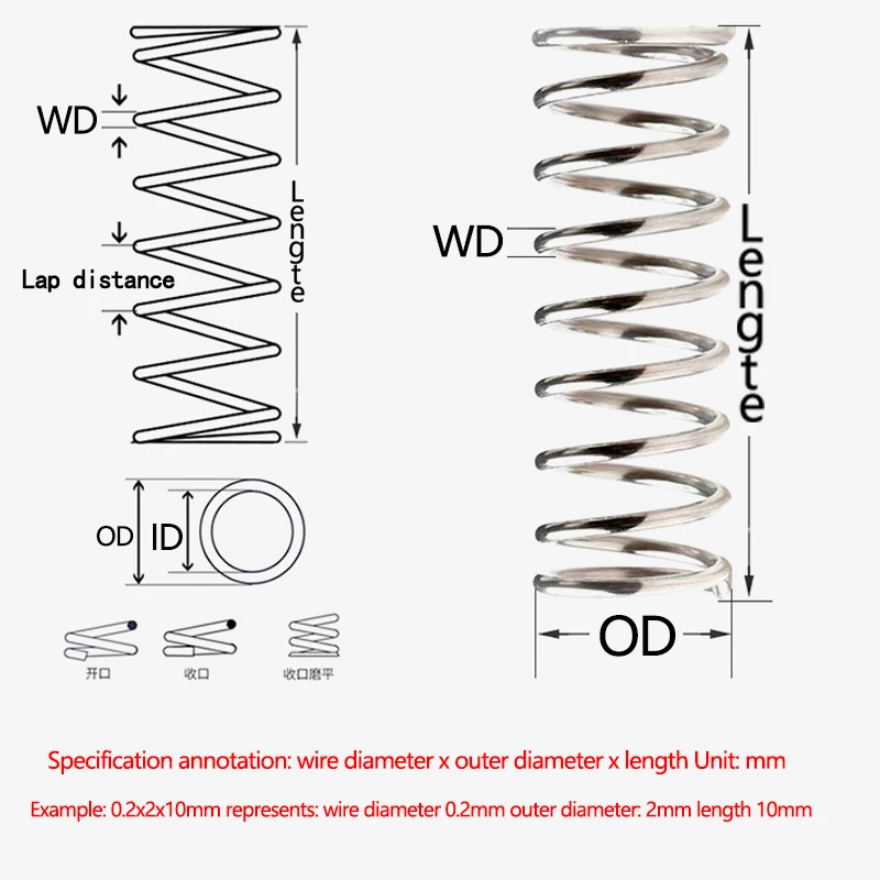 마이크로 소형 압축 용수철, 길이 5mm ~ 50mm, OD 2mm, 3mm, 4mm, 5mm, 6mm, 7mm, 8mm, 9mm, 10 개/로트, 0.2mm, 0.3mm, 0.4mm