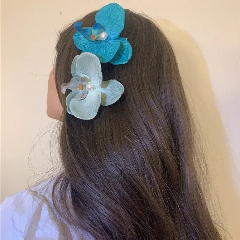 호접란 진주 헤어 클립 꽃 머리핀 난초 나비 머리카락 클립 헤어 액세서리 헤어 스타일링 도구 활 꽃