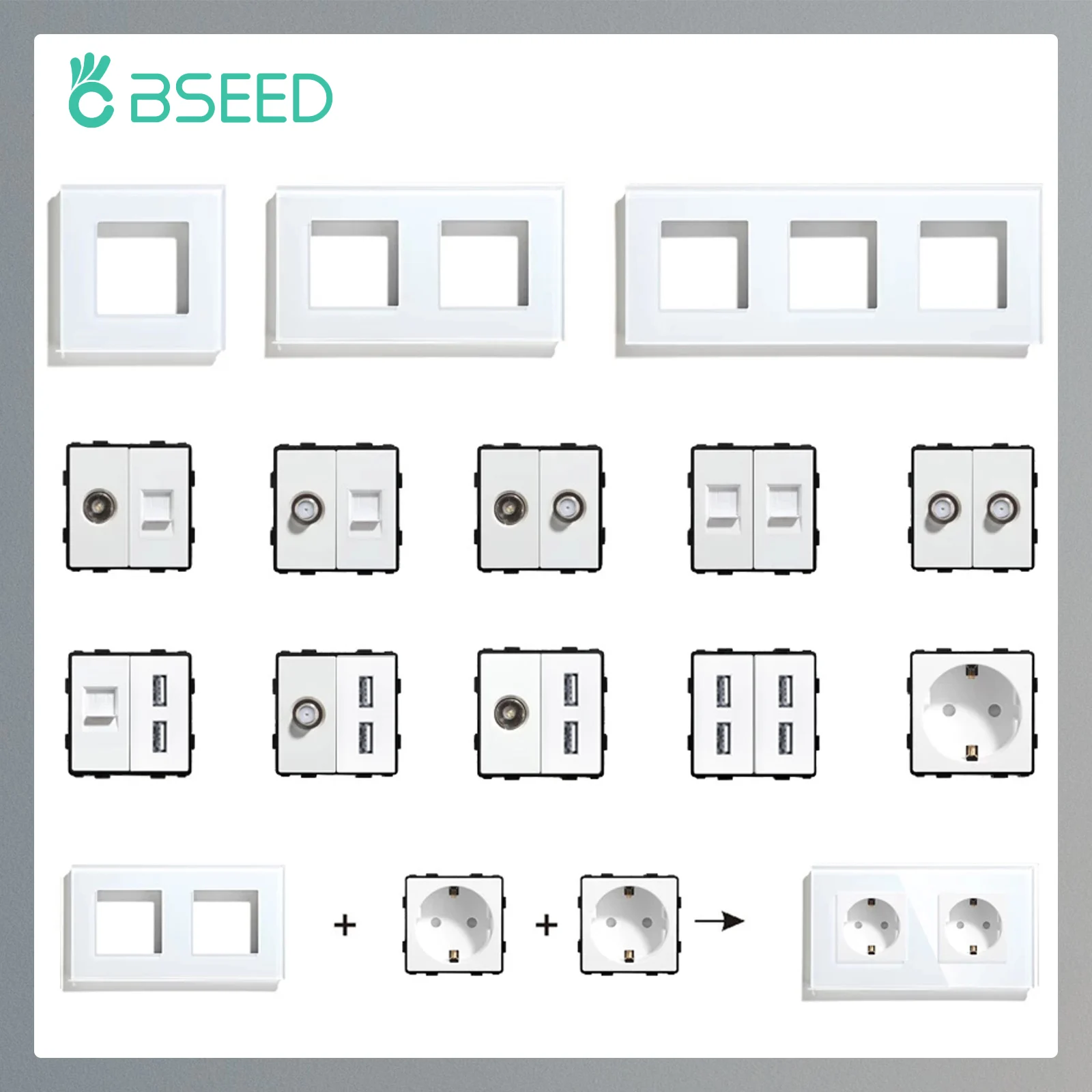 BSEED EU 표준 USB 콘센트 RJ45 인터넷 티비 ST 기능 부품 벽 전기 소켓 유리판 DIY 조합만