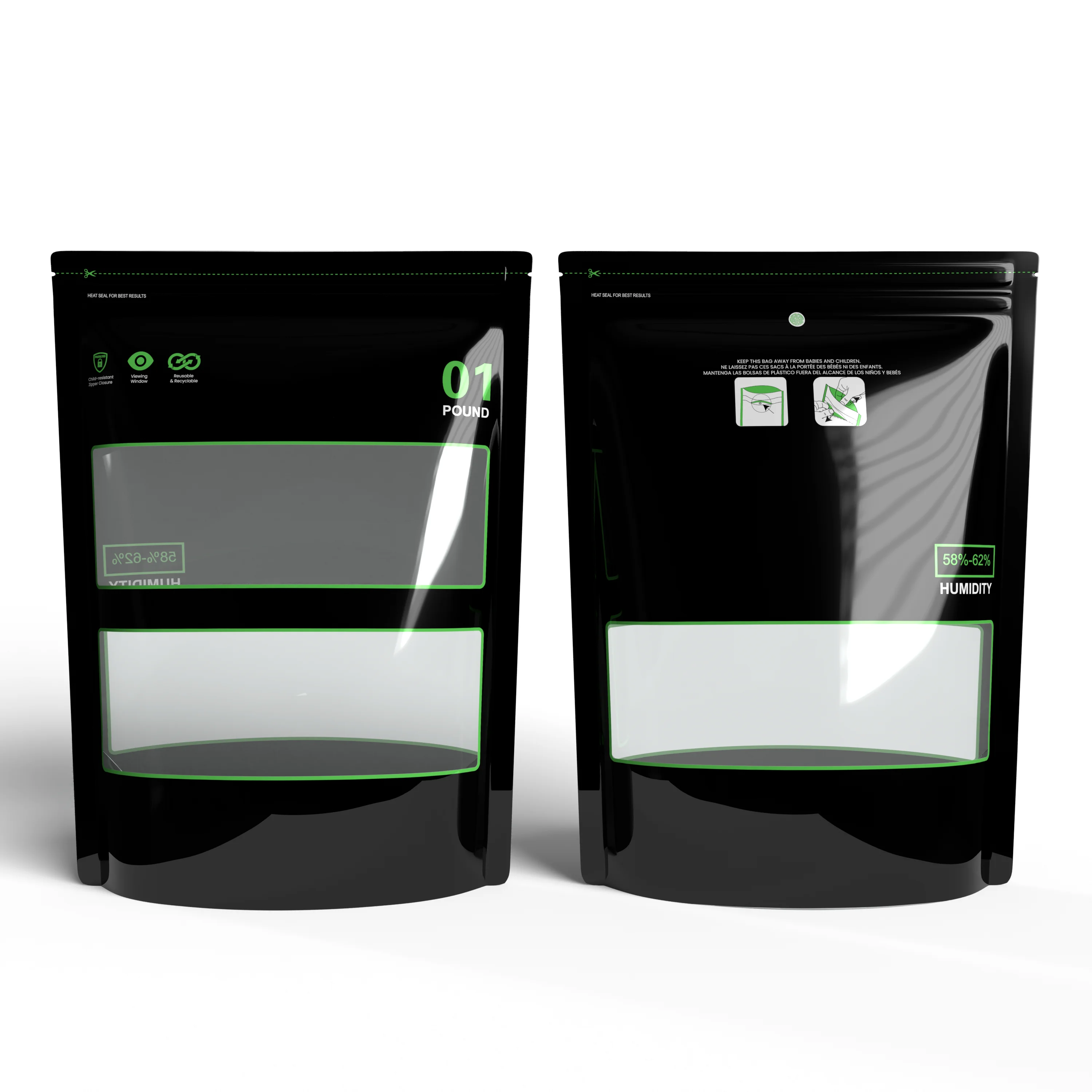 1/8온스~1파운드 잠금 및 밀봉 보관 및 경화 백 58%-62% RH 테르프 재배 파우치 열 밀봉 가능 어린이 방지