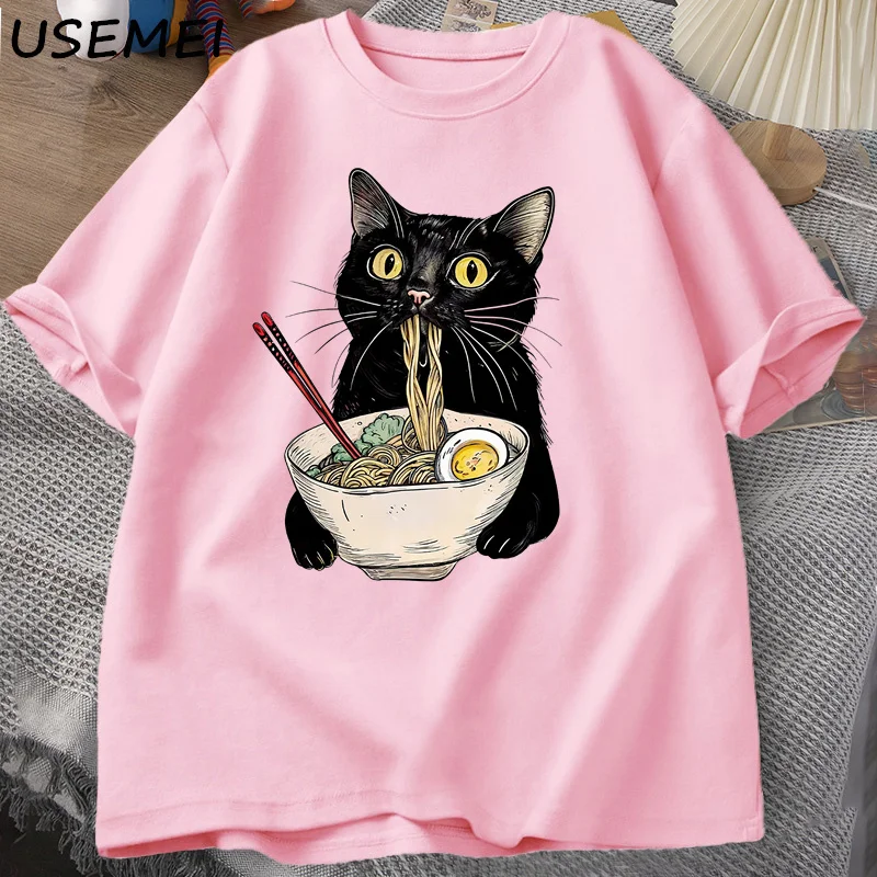 국수라면 고양이 티셔츠 Foodie Lover T 셔츠 검은 고양이 국수 티셔츠 레트로 캐주얼 반소매 Tshirt 남성 여성 의류