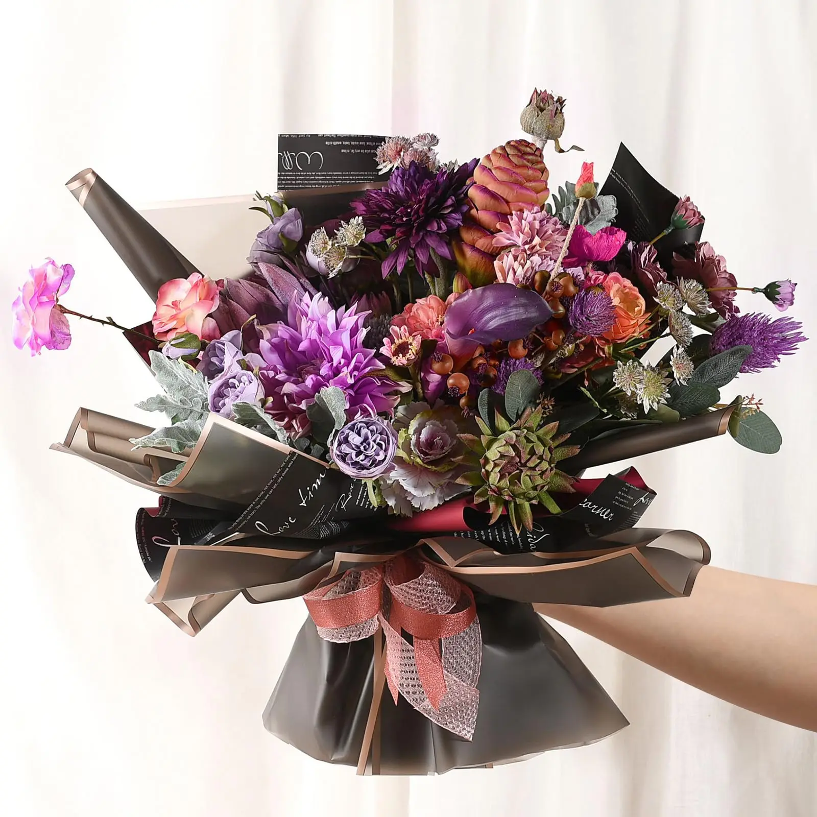 황금색 가장자리가 있는 검은 꽃 포장지 20장, 한국 꽃집 꽃다발 용품, 방수 포장, DIY Cr에 적합