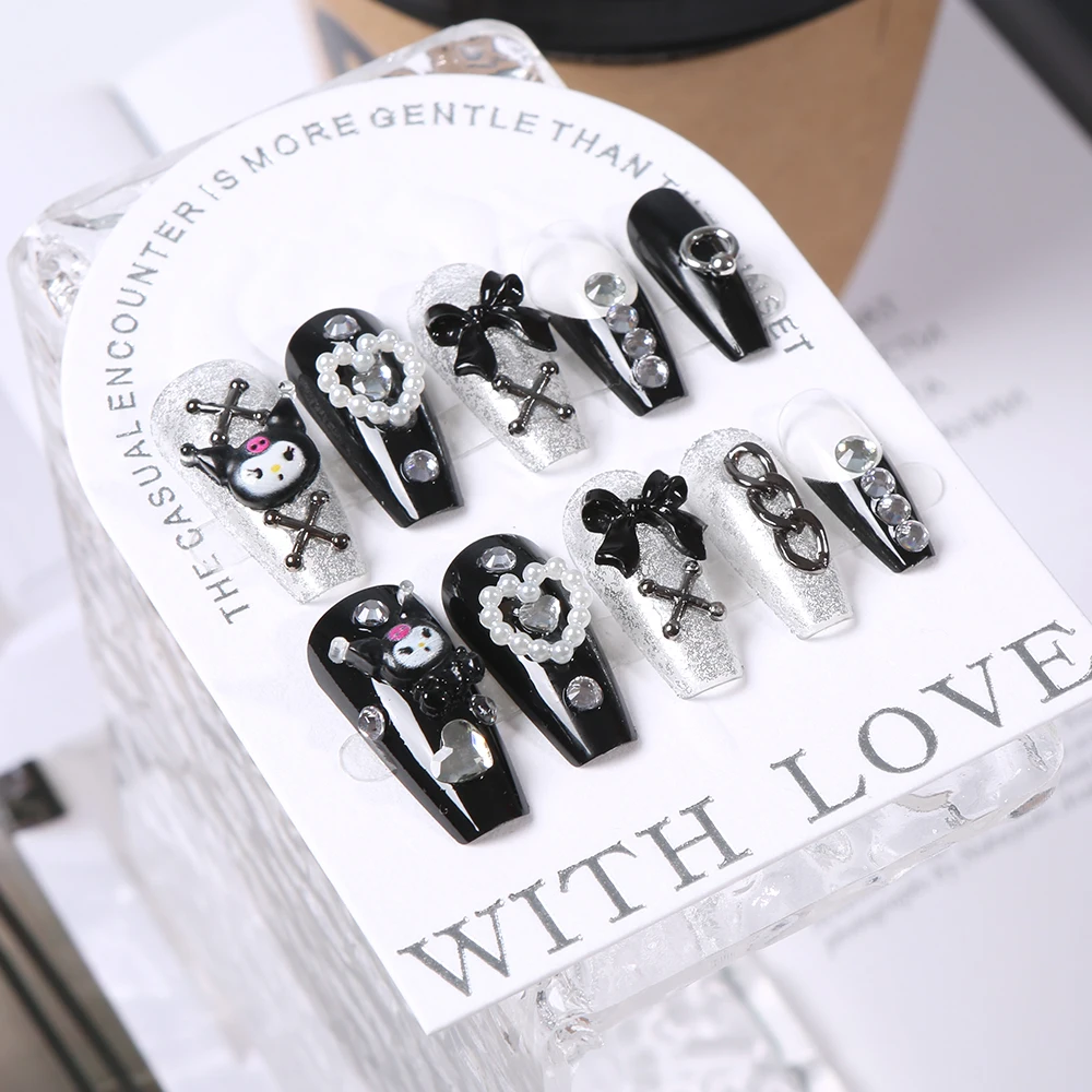 24Pcs 손톱에 3D kuromi 프레스 Y2K 만화 수제 가짜 손톱 블랙 젤 네일 웨어러블 손톱 Cinnamoroll Melody Anime False Nail