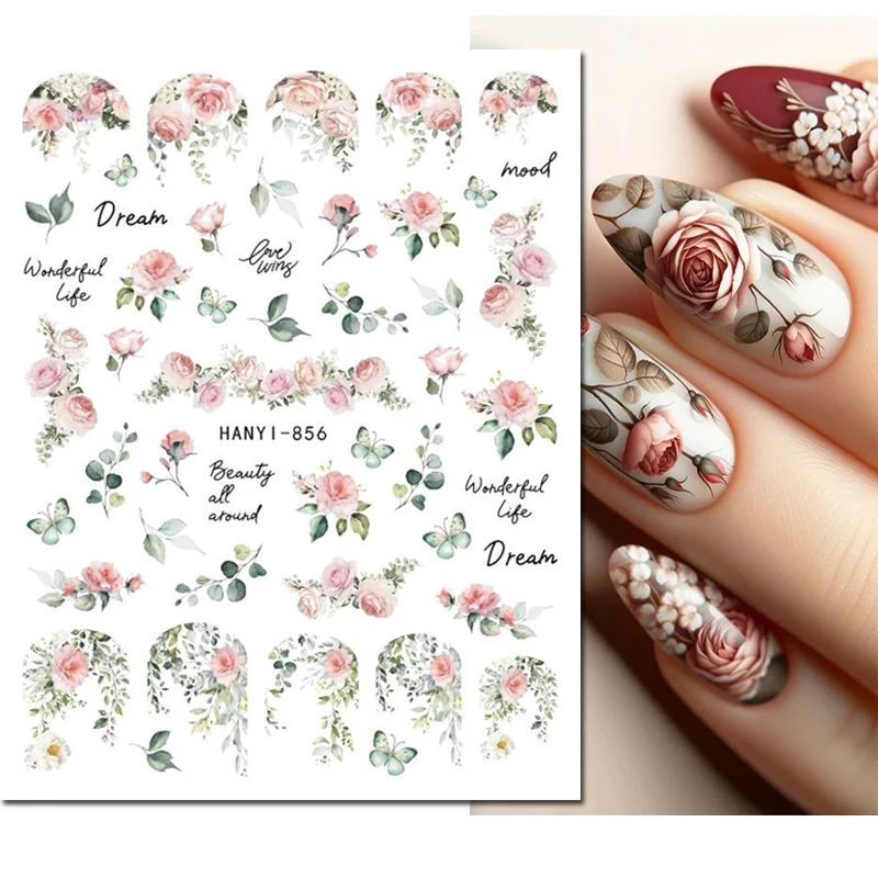 3d 네일 아트 데칼 빈티지 장미 체리 보섬 꽃 나비 전체 팁 스티커 손톱 아트 매니큐어 팁 장식