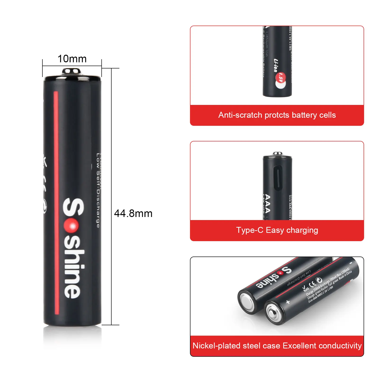 Soshine USB 1100mWh 리튬 배터리 1.5V AAA 1100mWh 충전식 배터리 원격 제어 무선 마우스용 1000회 사이클