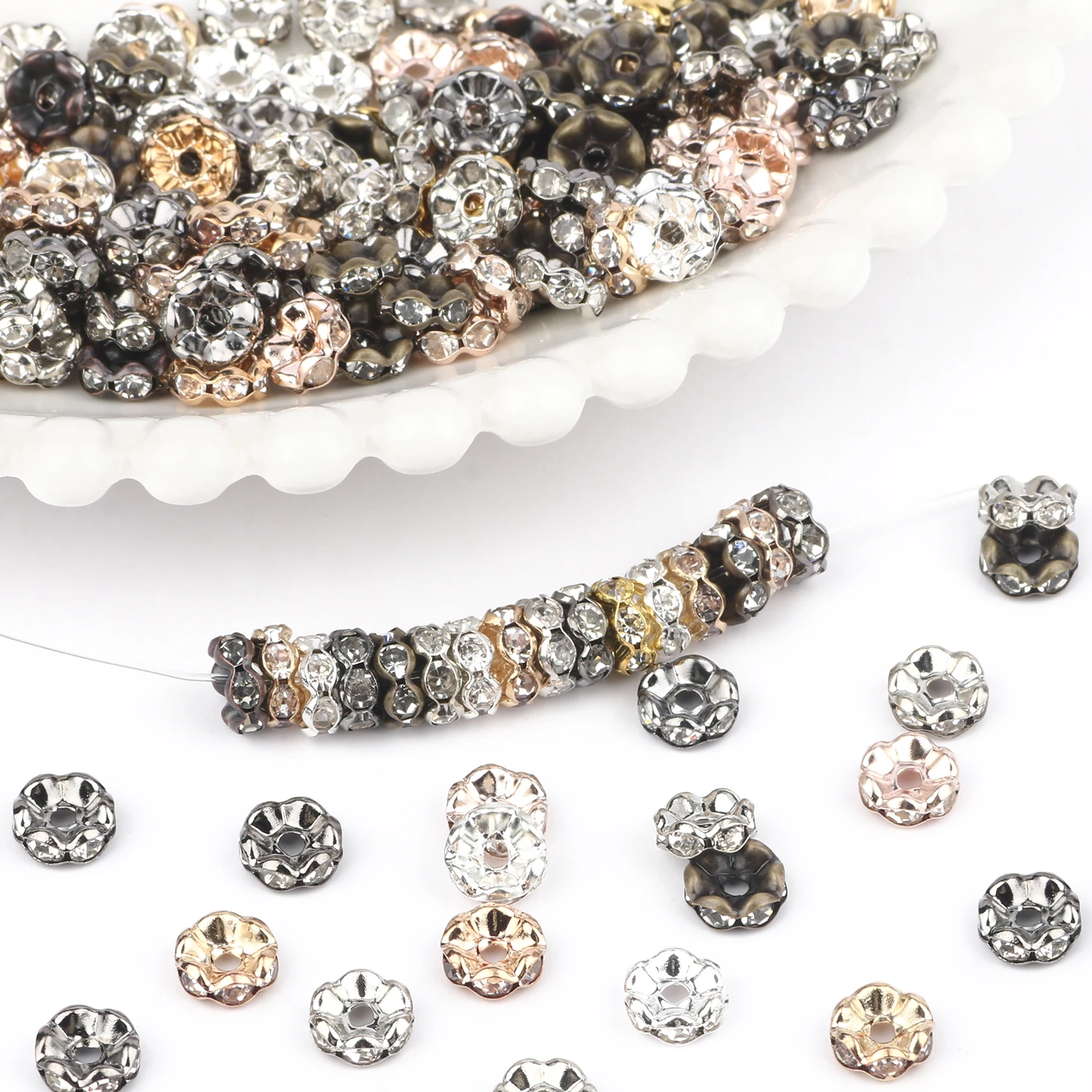 50 개/몫 6mm 8mm 10mm AB 컬러 라인 석 공 모양 느슨한 구슬 보석에 대 한 금속 크리스탈 구슬 DIY 액세서리 만들기