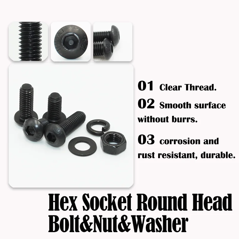 2510p 육각 육각형 소켓 버튼 헤드 나사 키트 M2 M2.5 M3 M4 M5 M6 검정색 10.9 등급 알렌 나사 너트 와셔가 있는 볼트 ISO7380