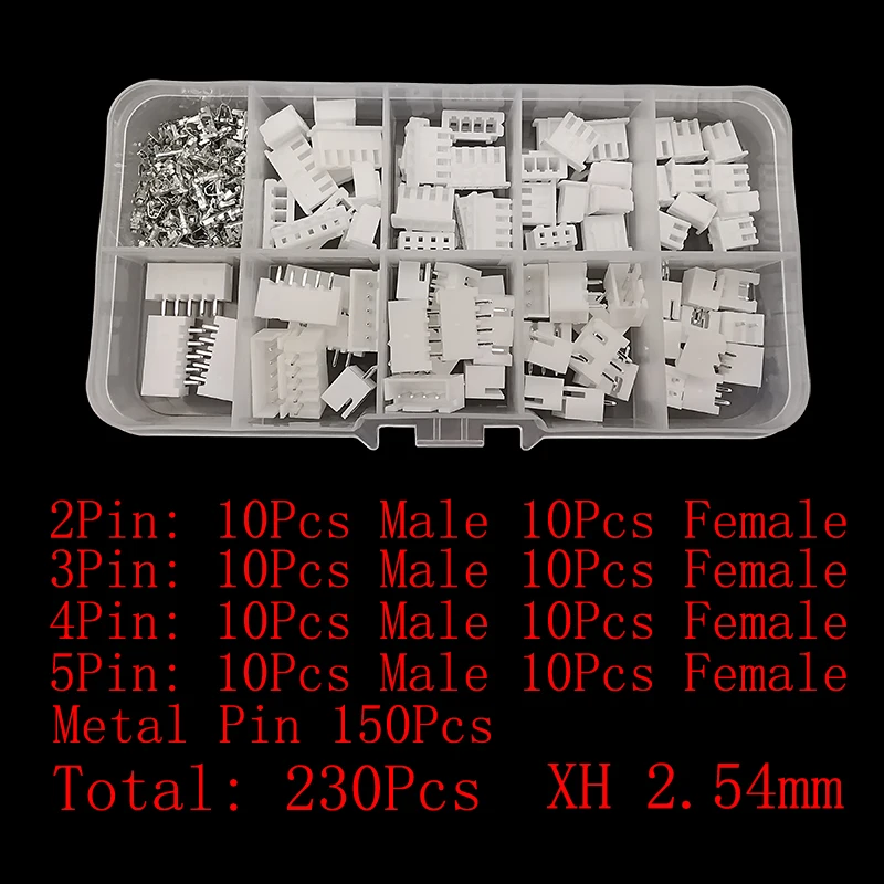 230 개/상자 JST PH 2.0mm / XH 2.54mm 피치 터미널 키트 2/3/4/5 핀 Male Female 플러그 플라스틱 하우징 헤더 압착 와이어 커넥터
