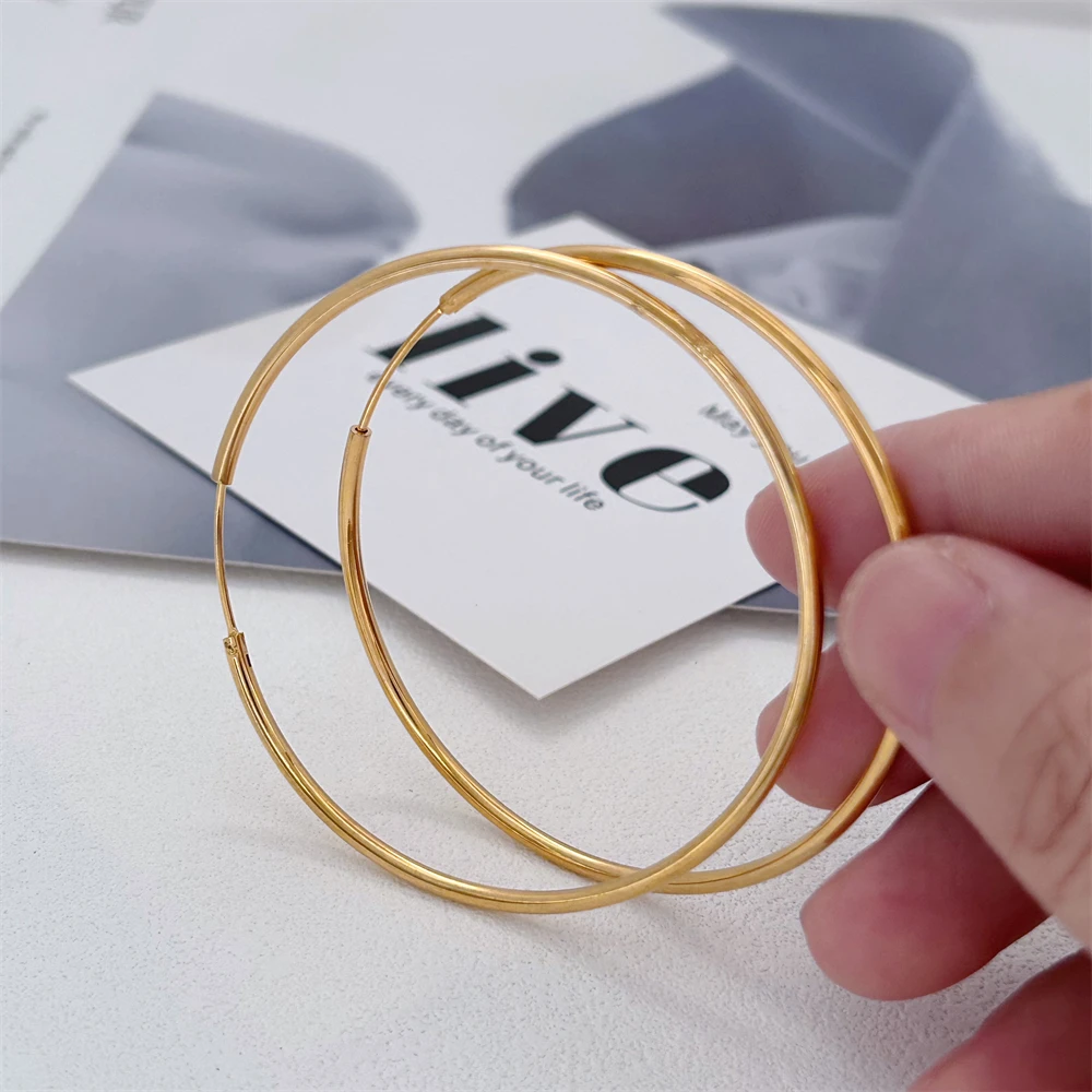 여성을위한 골드 도금 부드러운 원형 원형 빅 후프 귀걸이 크기 12/25/30/40/50/60mm 스테인레스 스틸 쥬얼리 액세서리 선물