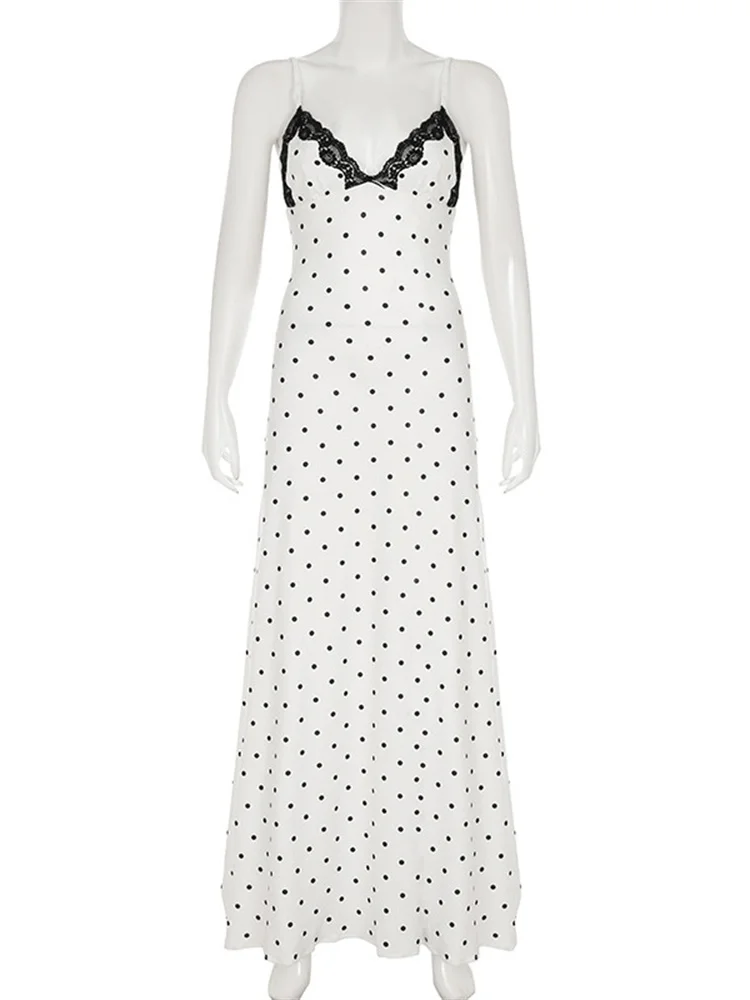 여성용 토시 레이스 V넥 패치워크 맥시 원피스, 등 없는 하이 웨이스트 슬림 스파게티 대비 파티 원피스, 여성 용수철 롱 원피스