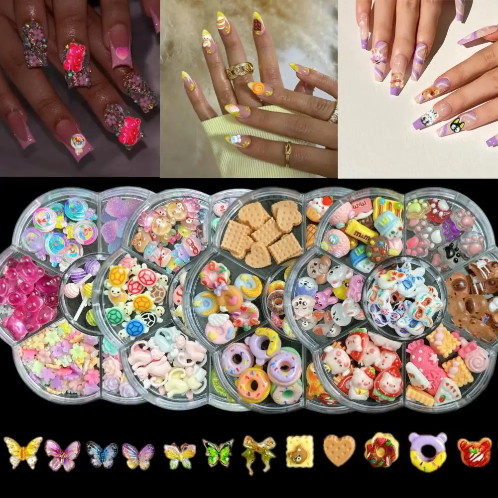 1 상자 혼합 귀여운 시뮬레이션 디저트 캔디 나비 네일 아트 장식 3D 수지 만화 고양이 물고기 곰 네일 참 용품
