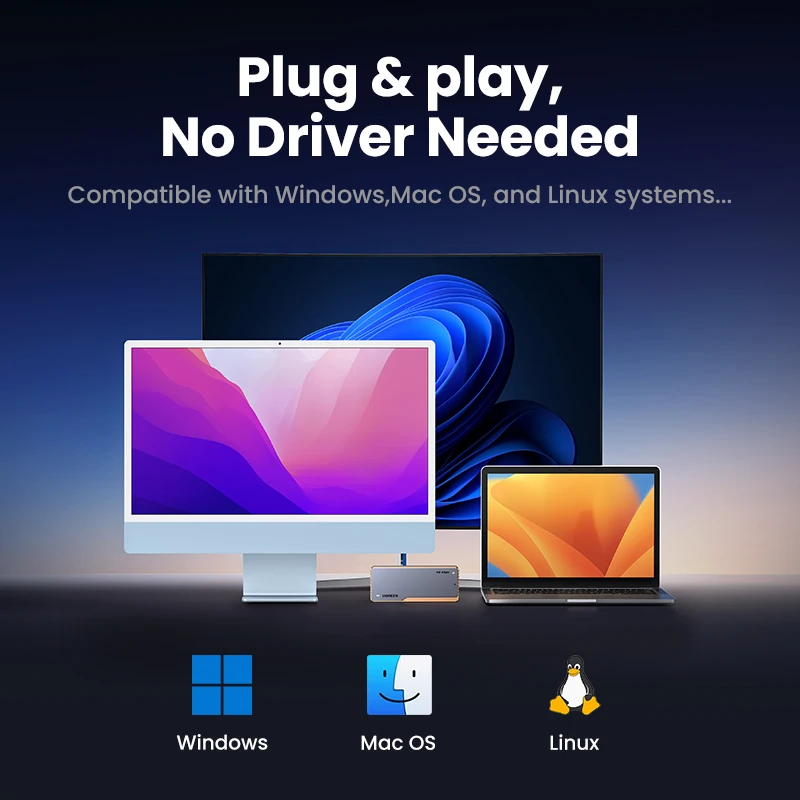 UGREEN 40Gbps NVMe SSD 케이스, SSD 인클로저, M.2 NVME PCIE용 어댑터, 내장 냉각 조끼, 알루미늄 케이스