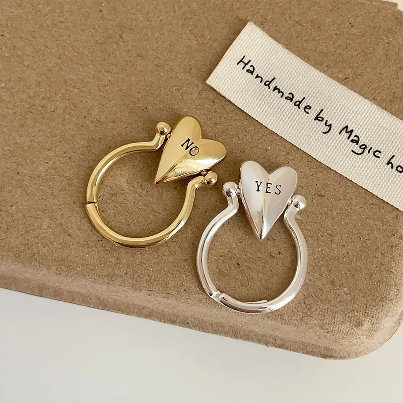 여성을위한 부드러운 회전식 하트 반지 남성 빈티지 예 또는 아니요 편지 조정 가능한 손가락 반지 틈새 디자인 커플 쥬얼리 액세서리