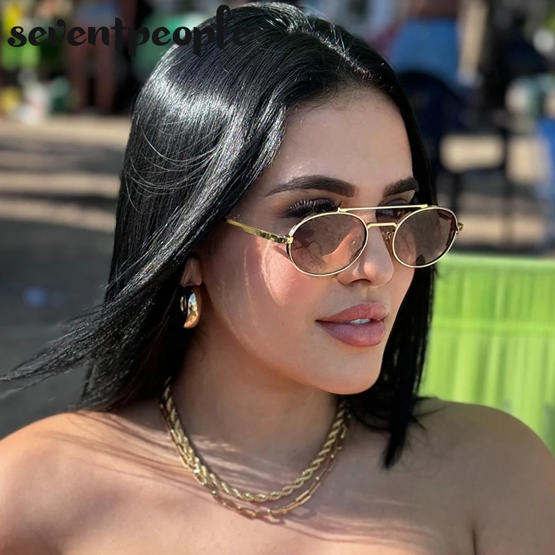 여성용 작은 타원형 금속 프레임 스팀펑크 선글라스, 2025 럭셔리 브랜드, 빈티지 더블 빔 쉐이드, 클래식 라운드 펑크 아이웨어