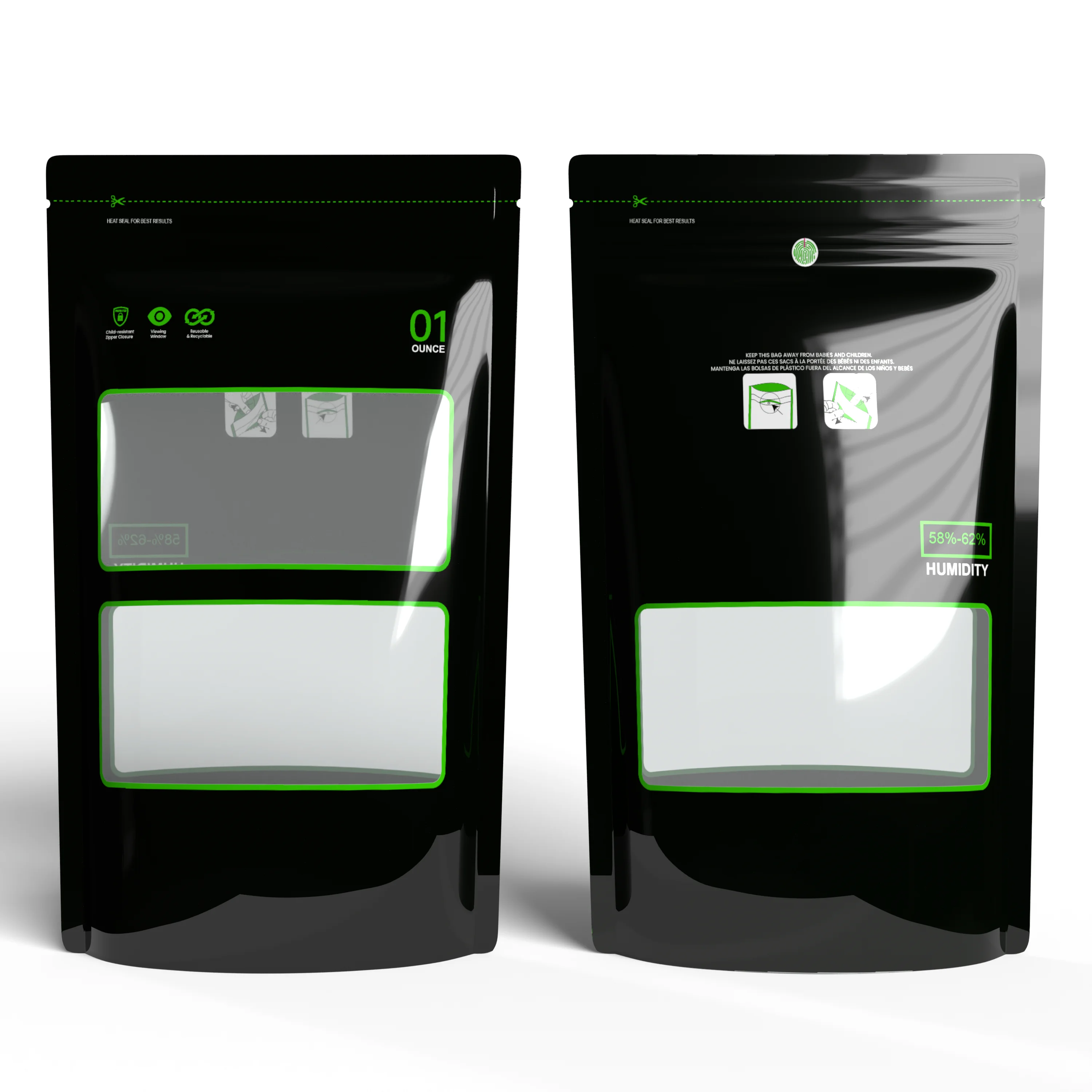 1/8온스~1파운드 잠금 및 밀봉 보관 및 경화 백 58%-62% RH 테르프 재배 파우치 열 밀봉 가능 어린이 방지