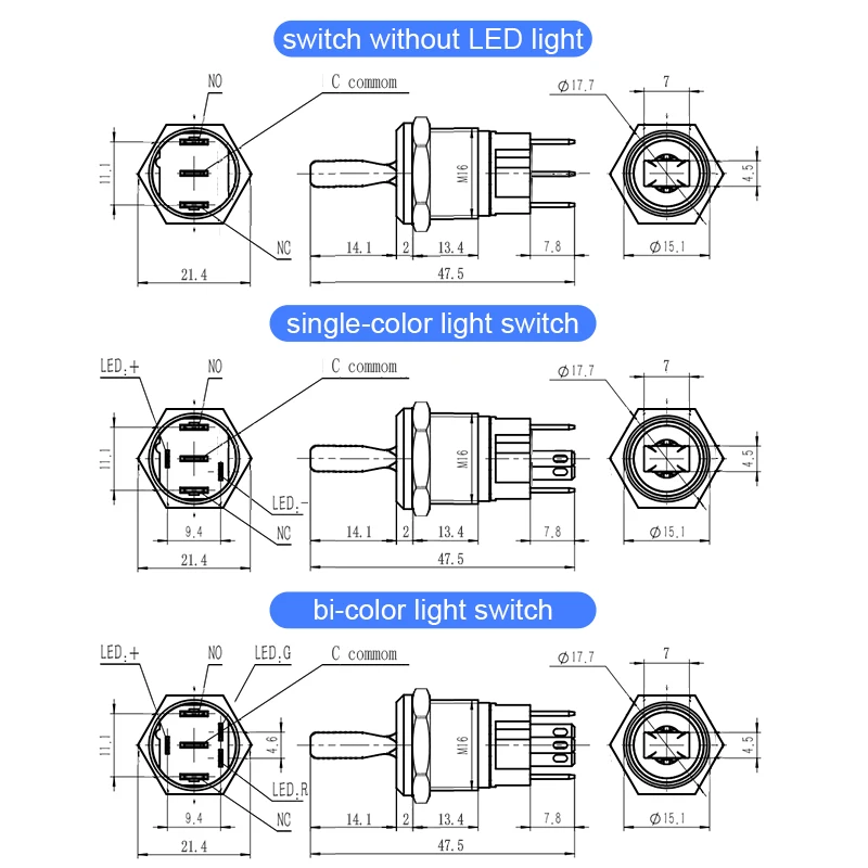 16MM 금속 토글 스위치 방수 LED 조명 자동 잠금 2 위치 On Off 마이크로 버튼 스위치 1NO1NC 15A 12V 220V 3pin/5pin
