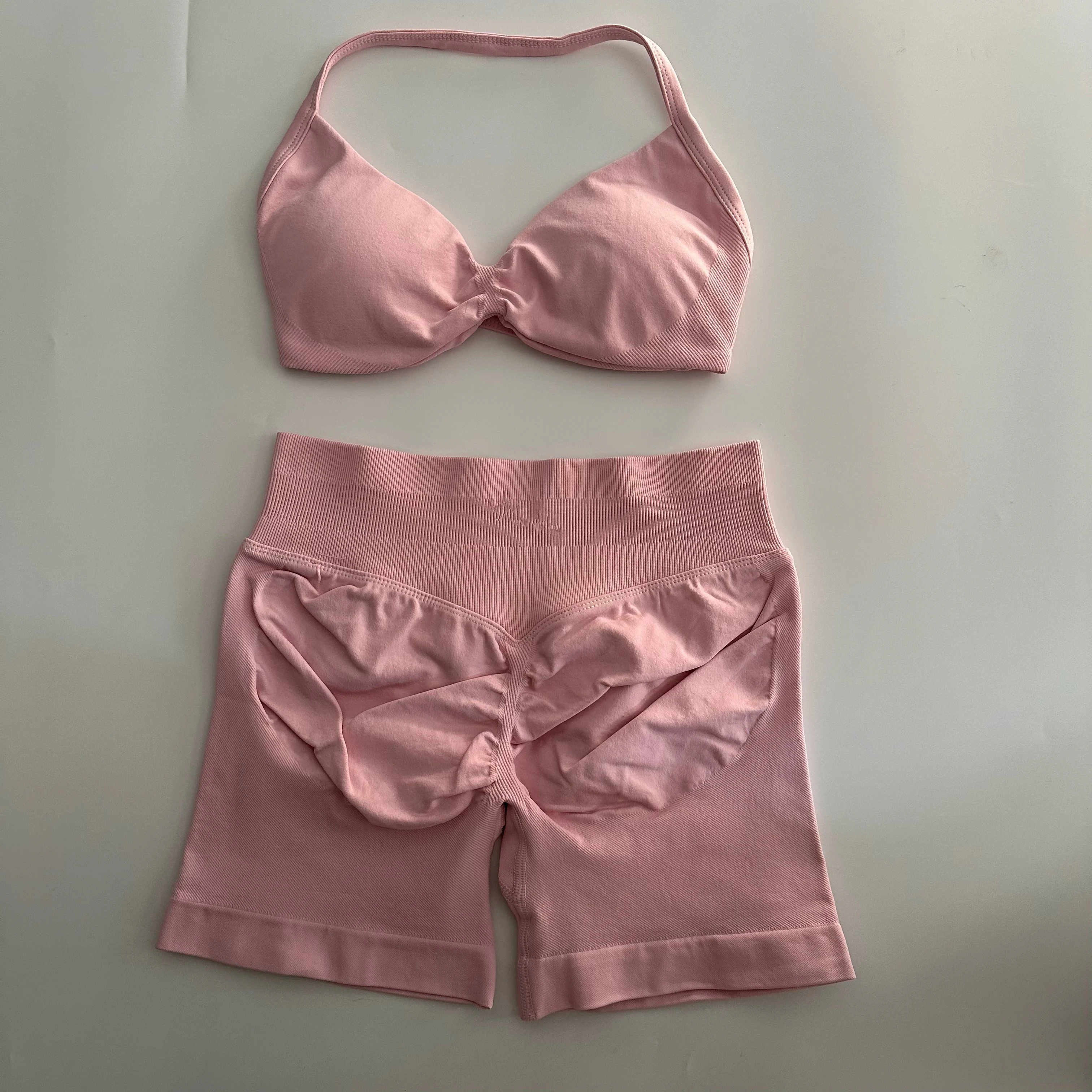 노로고 요가 짐 세트 여성 심리스 스트랩 요가 브라탑 하이웨이스트 운동 스크런치 반바지 스포츠 세트 피트니스 의류 스포츠웨어