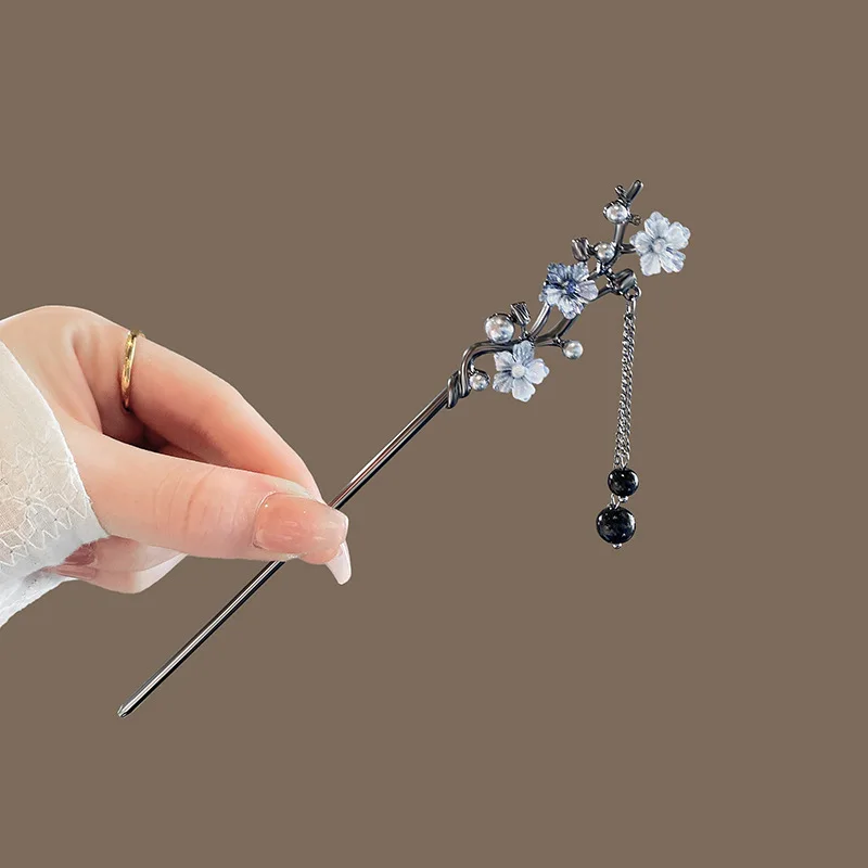 여성용 모던 비녀 잉크 꽃 금속 술 머리핀 포크, 검은 구슬 프린지 헤어 걸쇠, 중국 한푸 헤어 쥬얼리, 신제품